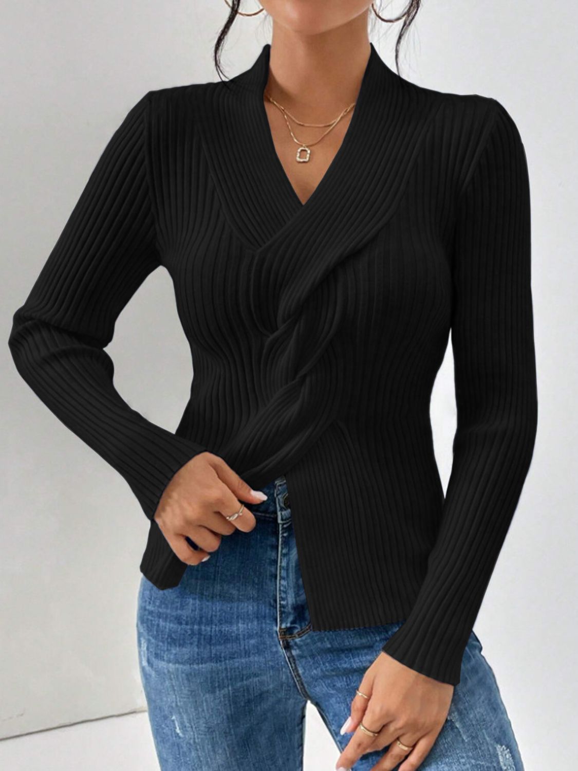 Twist Front Ribbed Long Sleeve Sweater